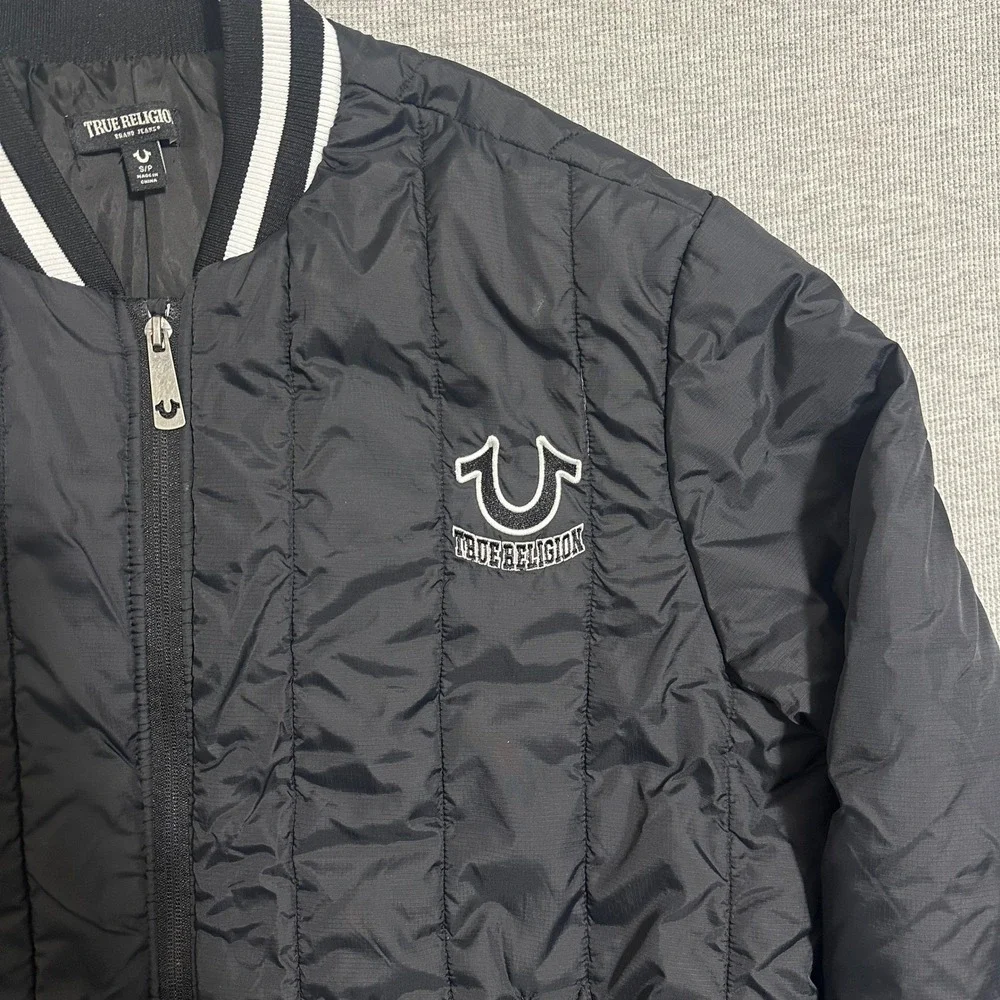 True Religion Black Vertical Quilted Varsity Bomber‎ Jacket 54308-00 Mens Size S
